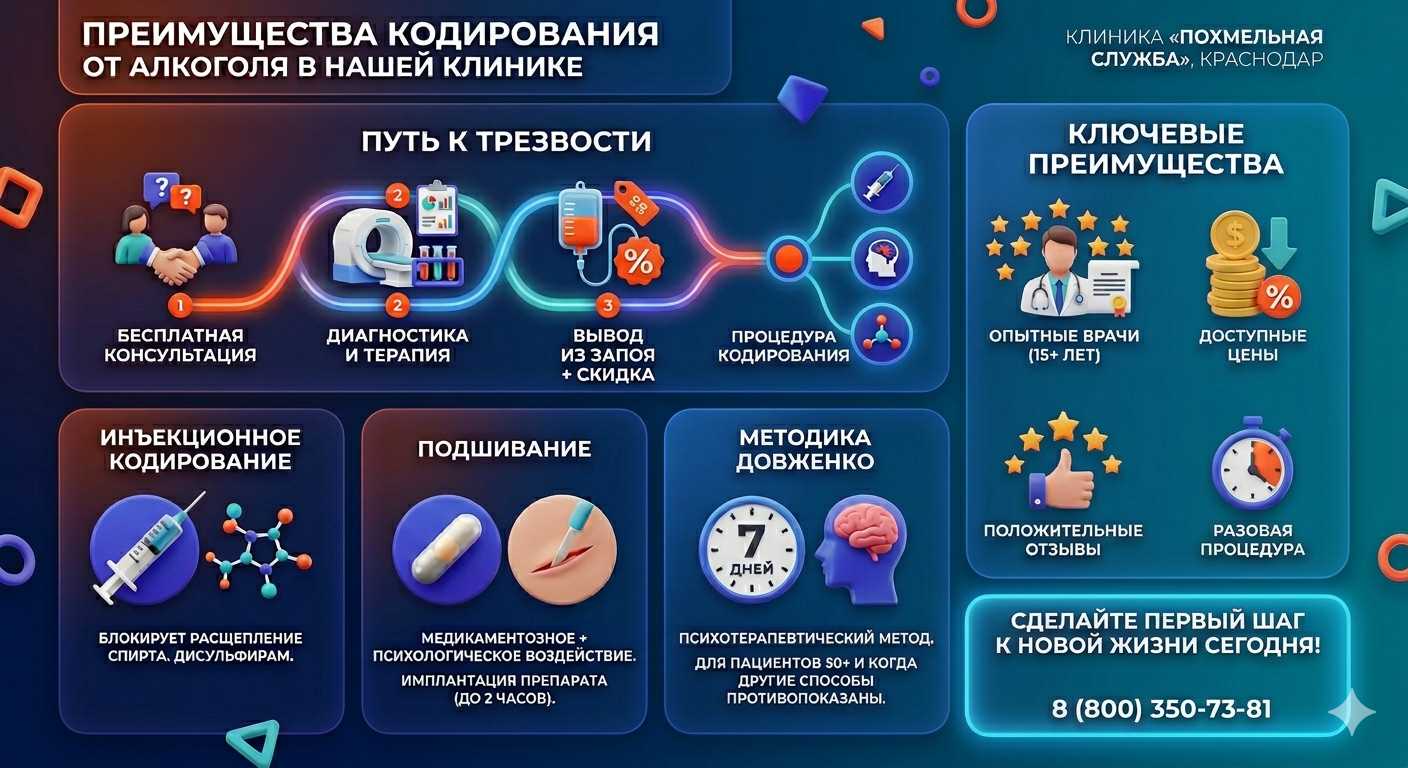 Инфографика о методах кодирования от алкоголя в городе Щучье: инъекции, подшивание, метод Довженко. Преимущества клиники и этапы лечения.