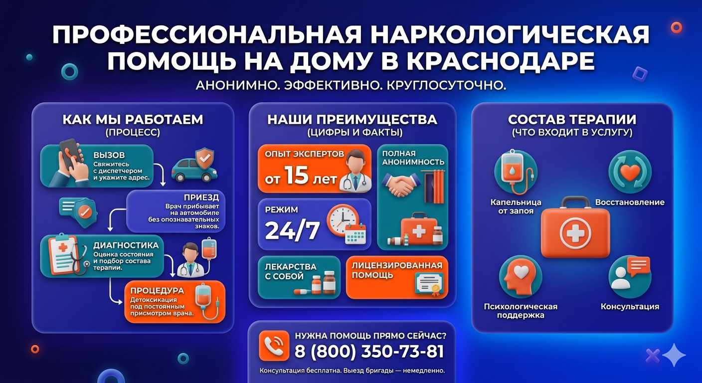 Инфографика о принципах лечения алкоголизма на дому в городе Щучье: этапы вызова нарколога, преимущества анонимной детоксикации и состав медицинской помощи.